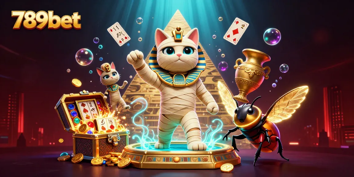 Experience the thrill of 789bet with a 3D Egyptian mummy cat bursting from a golden sarcophagus amidst sparkling casino elements.