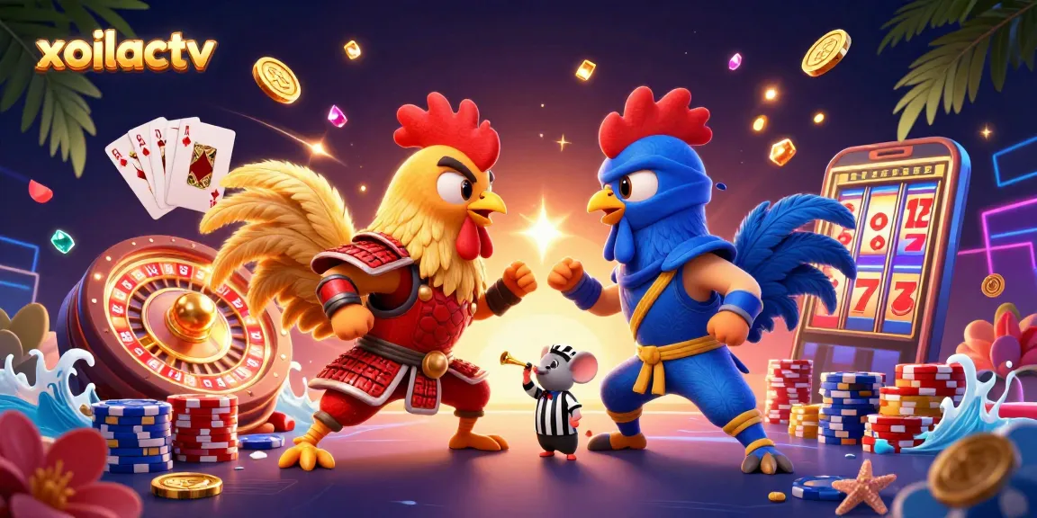 Engaging view of xoilactv’s vivid casino battle scene with animated roosters, vibrant gambling elements, and thrilling action.