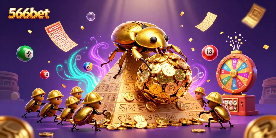 Join the excitement at 566bet with golden beetles rolling jackpot coins in a vibrant lottery scene.