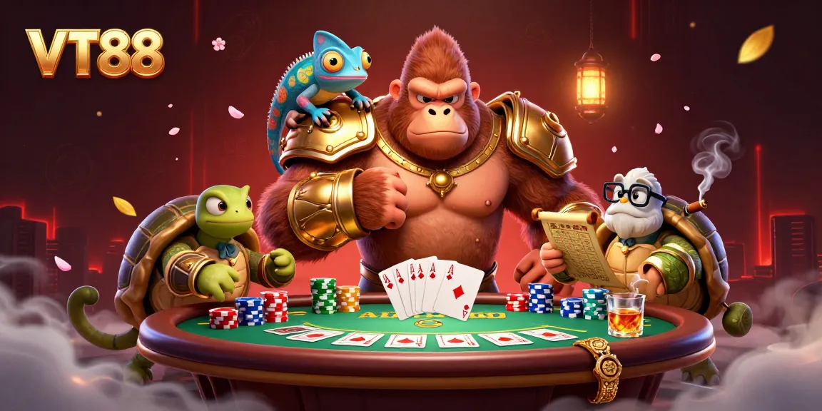 VT88 gorilla king and chameleon represent thrilling poker strategies in a vibrant casino setting.