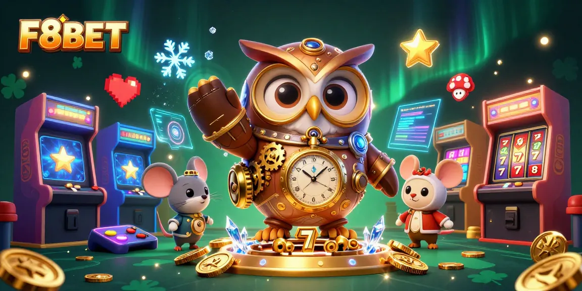 F8BET offers an exciting experience, showcasing a time-traveling owl exploring a vibrant casino.