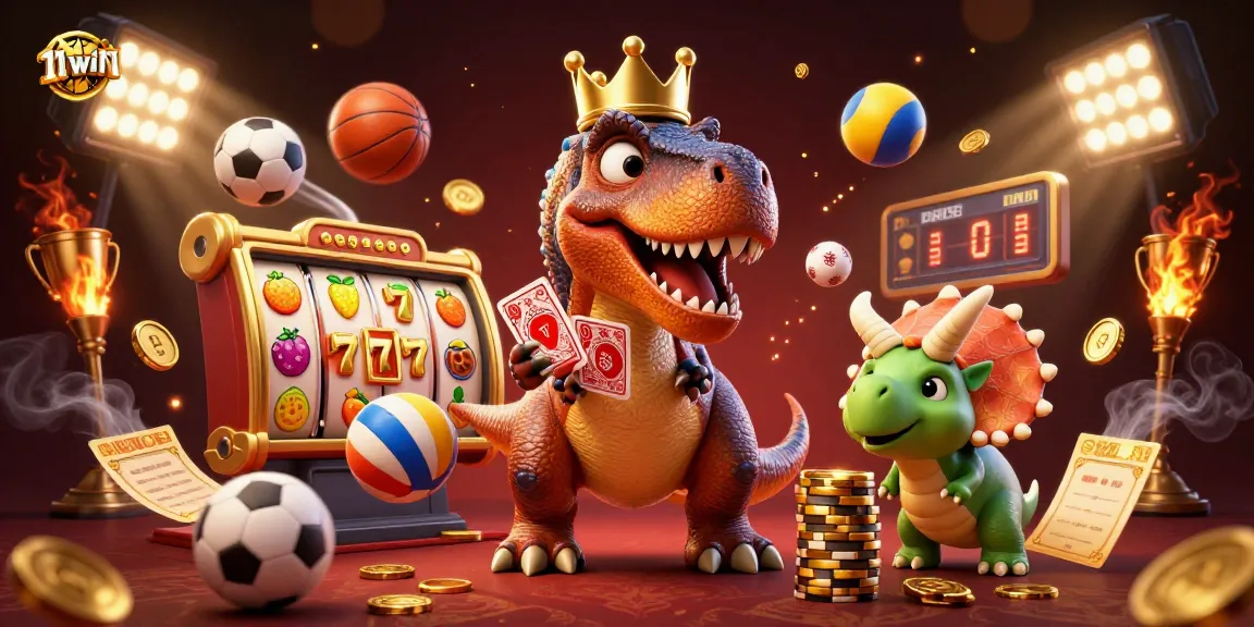 Engage with 11WIN and dive into thrilling casino adventures featuring a T-Rex and dynamic game elements.