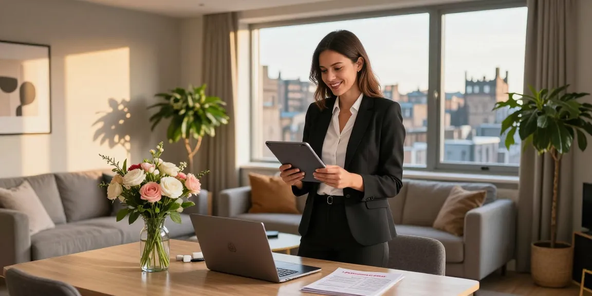 Airbnb management company Edinburgh professional managing a stylish apartment during golden hour, creating a welcoming environment.