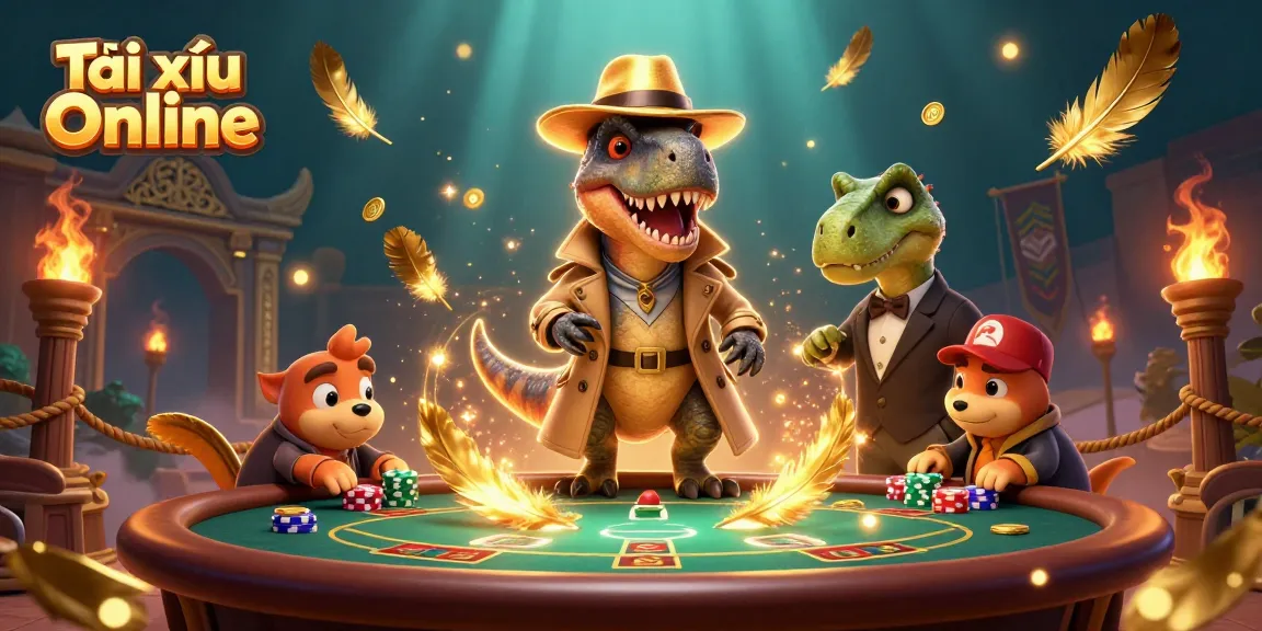 Engage in Tài xỉu Online action with a velociraptor card counter eyeing chips in a dynamic casino scene.