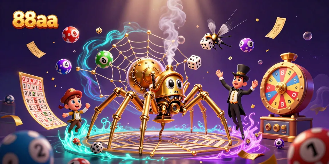 Experience thrilling gaming with 88aa as the steampunk spider traps dice in a vibrant casino web.