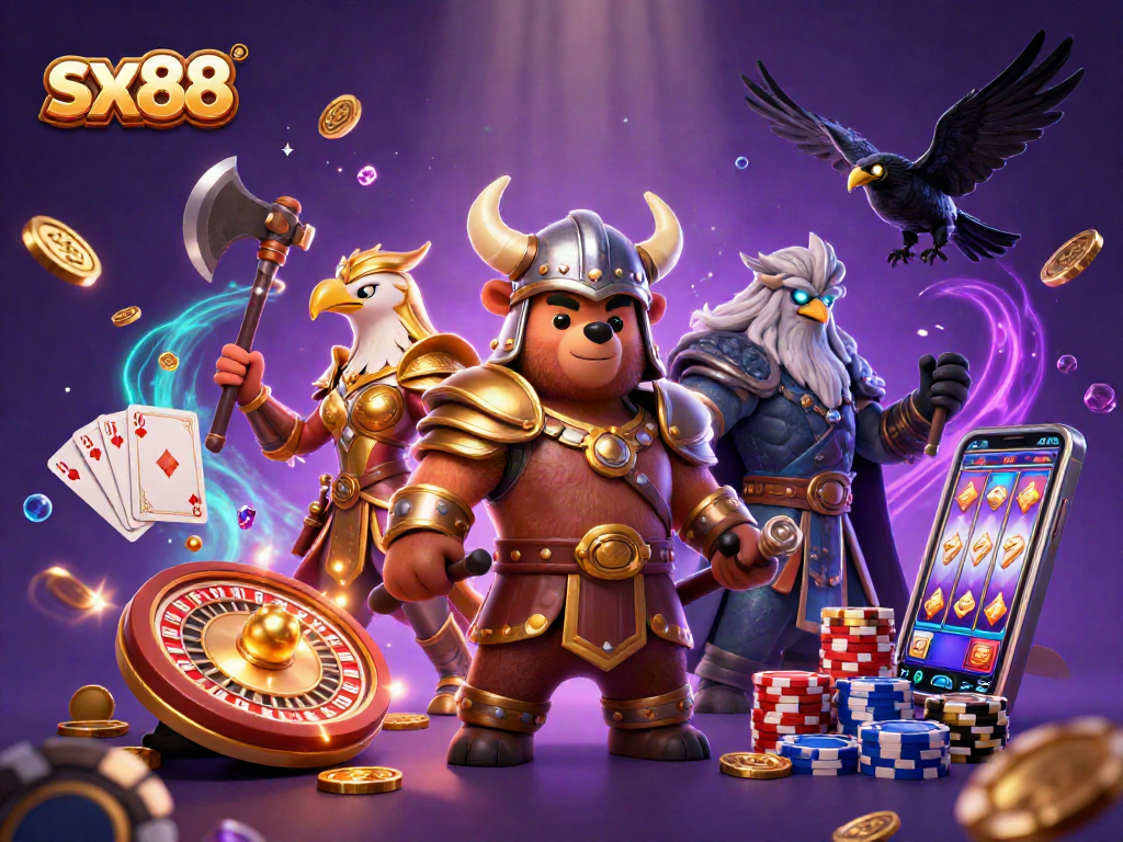 Sx88 gaming extravaganza showcasing Viking bear and Valkyrie eagle amidst a dazzling casino scene.