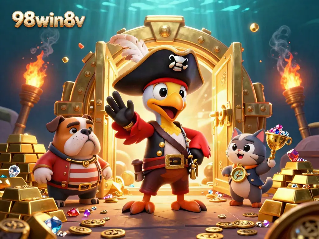 Experience the thrilling adventure of 98win8v with a pirate captain, bulldog mate, and compass cat amidst shining treasures and game excitement.