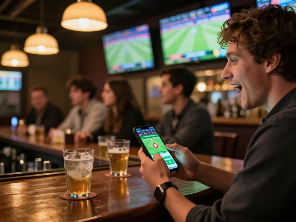 Parieur sportif enthousiaste utilisant une application de paris sur son smartphone dans un bar animé, mettant en avant l'expérience de site de paris sportif France.