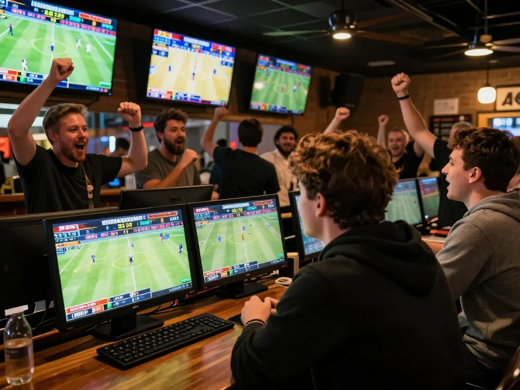 Engaging moment of keonhacai sports betting with friends cheering at a lively sports bar.