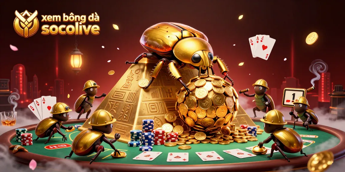 Experience xem bóng đá socolive with a rich 3D scene featuring golden beetles, poker elements, and dynamic casino atmosphere