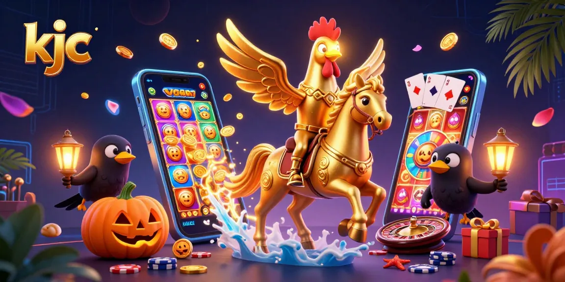 KJC players engaging in dynamic casino action, featuring a golden rooster and glowing elements.