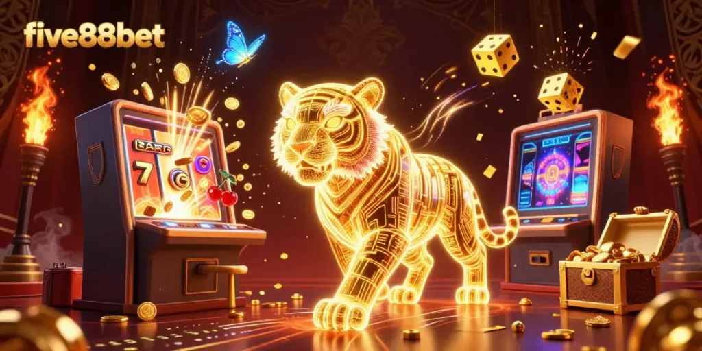 Experience the thrill at five88bet with vibrant casino action featuring a neon tiger in a digital casino.