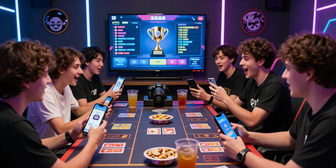 Excited gamers enjoying Zowin app on smartphones while playing card games at https://iros.gb.net/, showcasing dynamic entertainment.