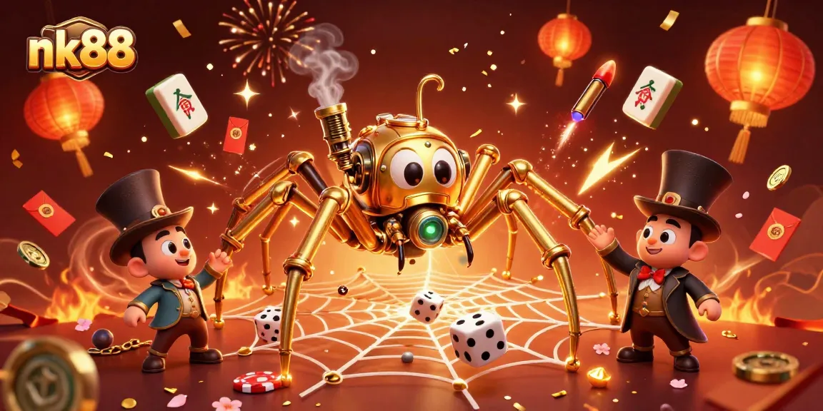 Experience the thrill of nk88 with a vibrant 3D illustration of a golden spider and casino elements.