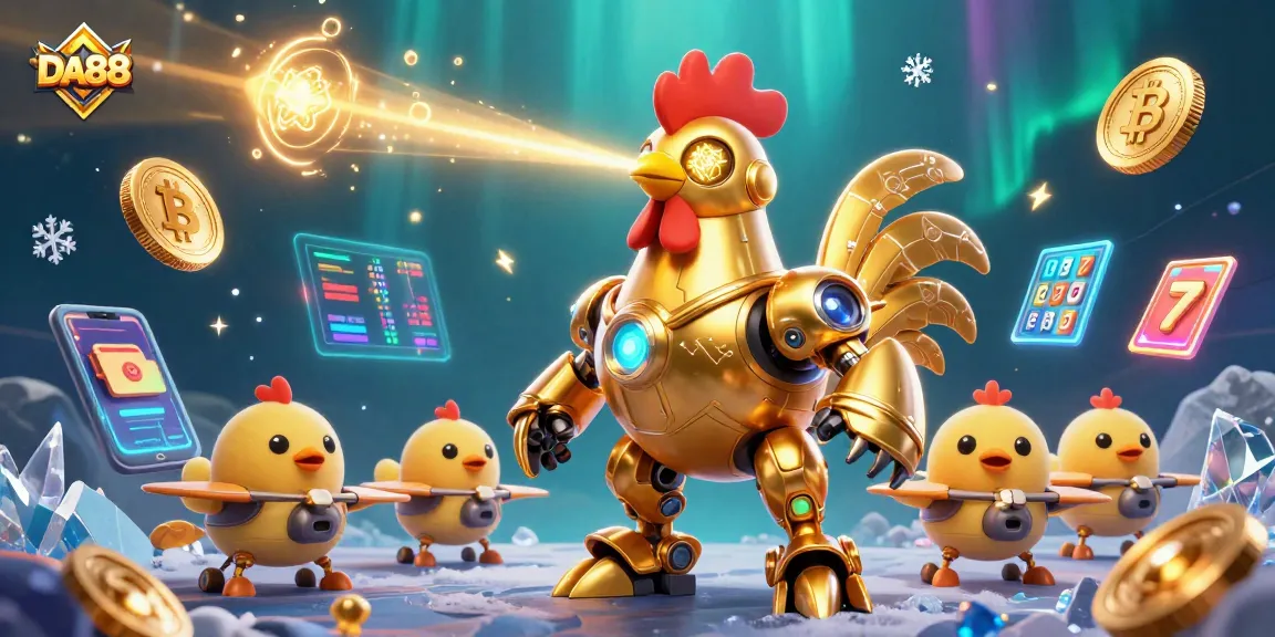 Engage with DA88's vibrant casino adventure featuring a golden rooster robot and baby chick drones.