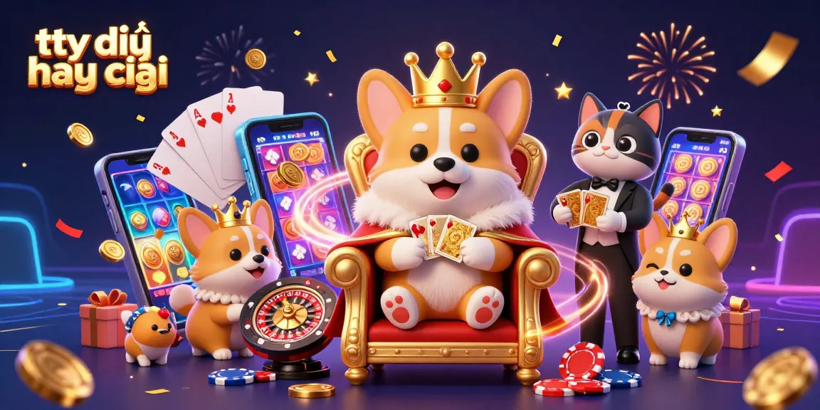 Engage with tỷ lệ nhà cái in this vibrant casino scene featuring a royal corgi on a poker chip throne.
