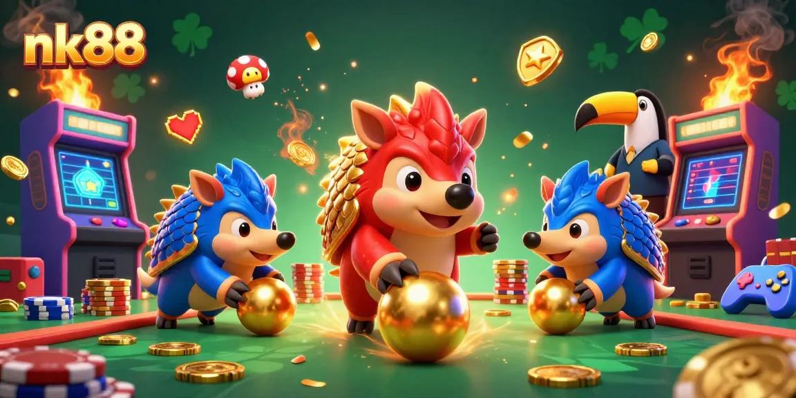 Compete with nk88 in a thrilling 3D digital casino setting featuring dynamic pangolins and glowing gaming elements.