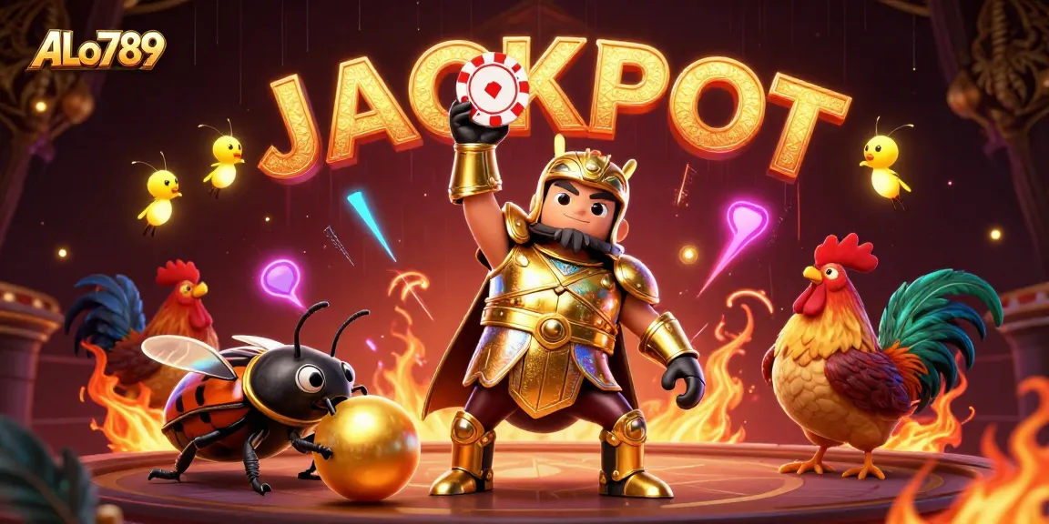 Join the excitement at ALo789 with a victorious beetle champion celebrating in a vibrant cockfighting arena.