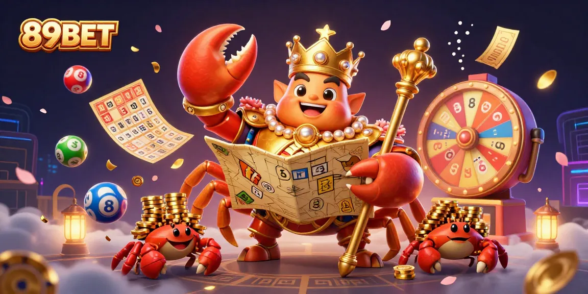 Play exciting games with 89BET, featuring a golden crab emperor and vibrant lottery elements.