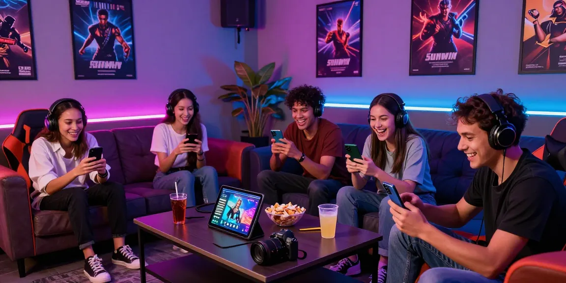 Friends enjoying Sunwin gaming in a lively lounge setting.