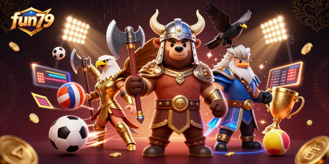 Experience fun79 with a vivid 3D casino scene showcasing exciting gaming elements and dynamic sports action.