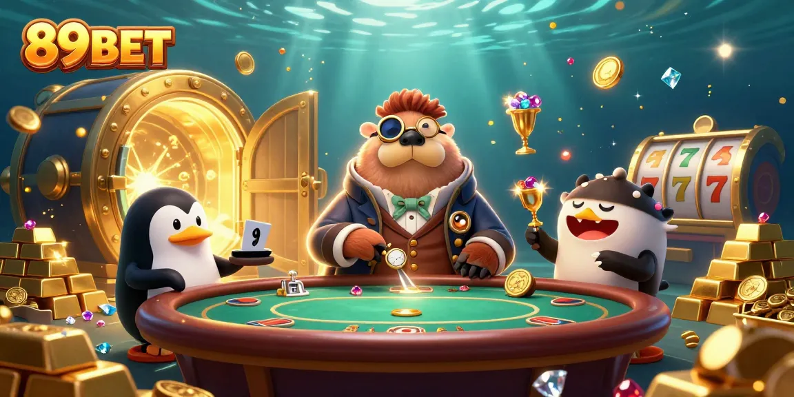 Experience the excitement of poker at 89BET with a lively underwater scene featuring cartoon characters.