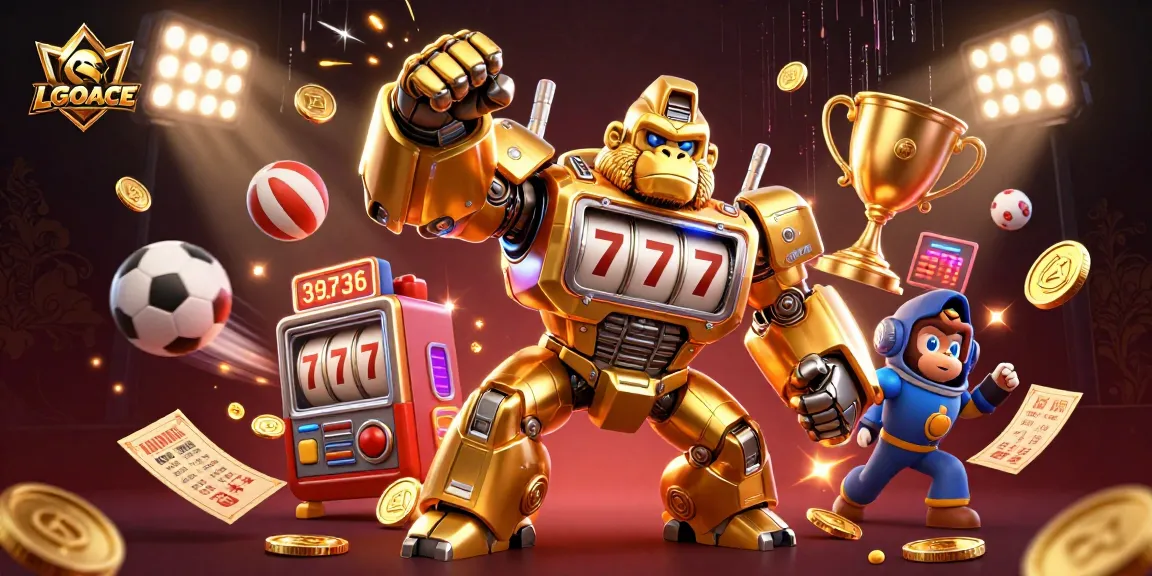 LGOACE showcases a vibrant 3D casino scene featuring a golden gorilla mech and dynamic sports elements.