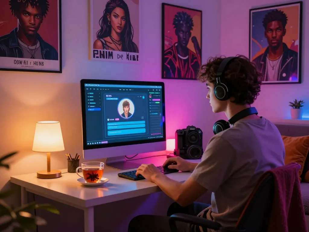 User engaging in a personalized porn AI chat experience in a cozy lounge setting.