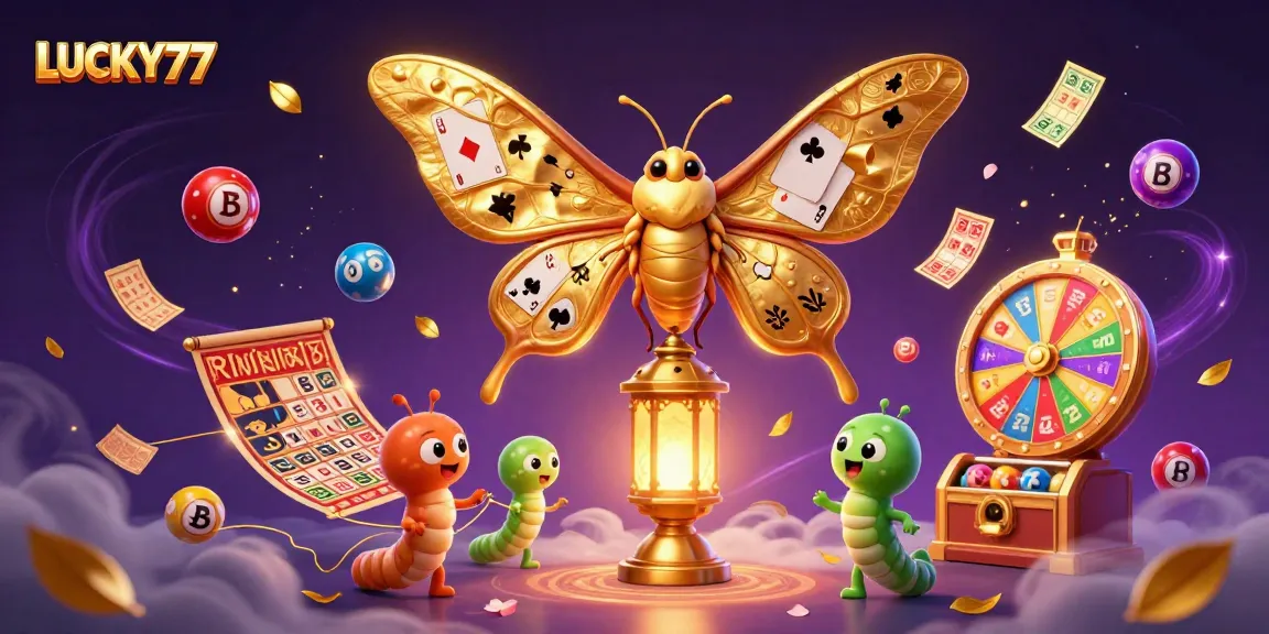Experience LUCKY77's exciting gaming atmosphere with vibrant casino imagery and dynamic lottery elements.