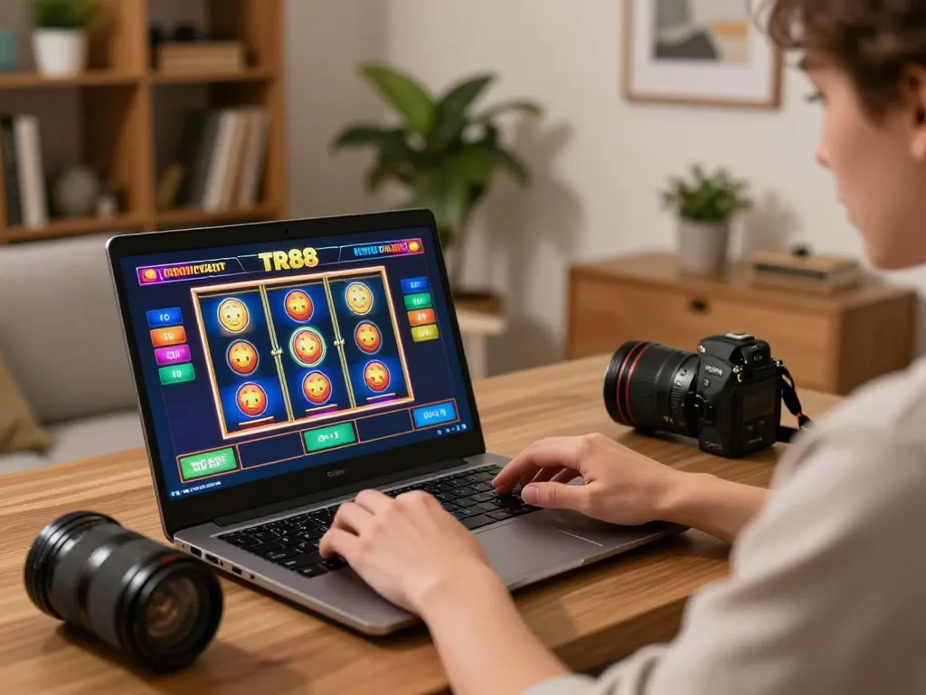 Engaging in TR88 online slot gaming with colorful visuals on screen in a cozy home setting.
