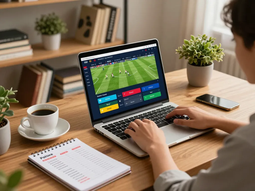 Engaging in tỷ lệ kèo trực tuyến while placing bets from a cozy home workspace with football match displays.