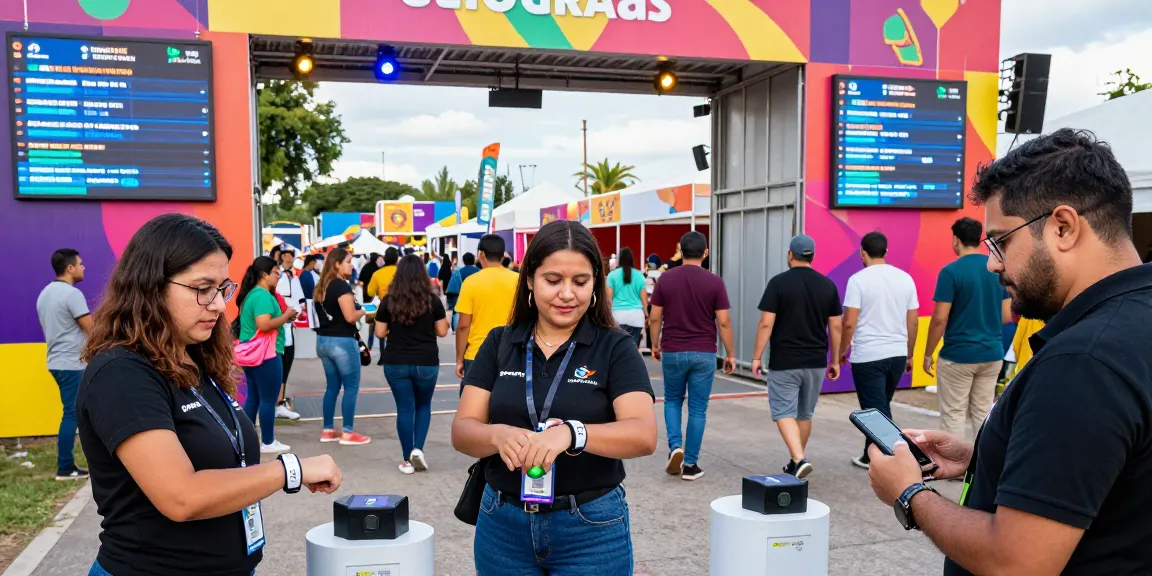 Festival staff scanning NFC wristbands to manage RFID control de accesos at event entrance.