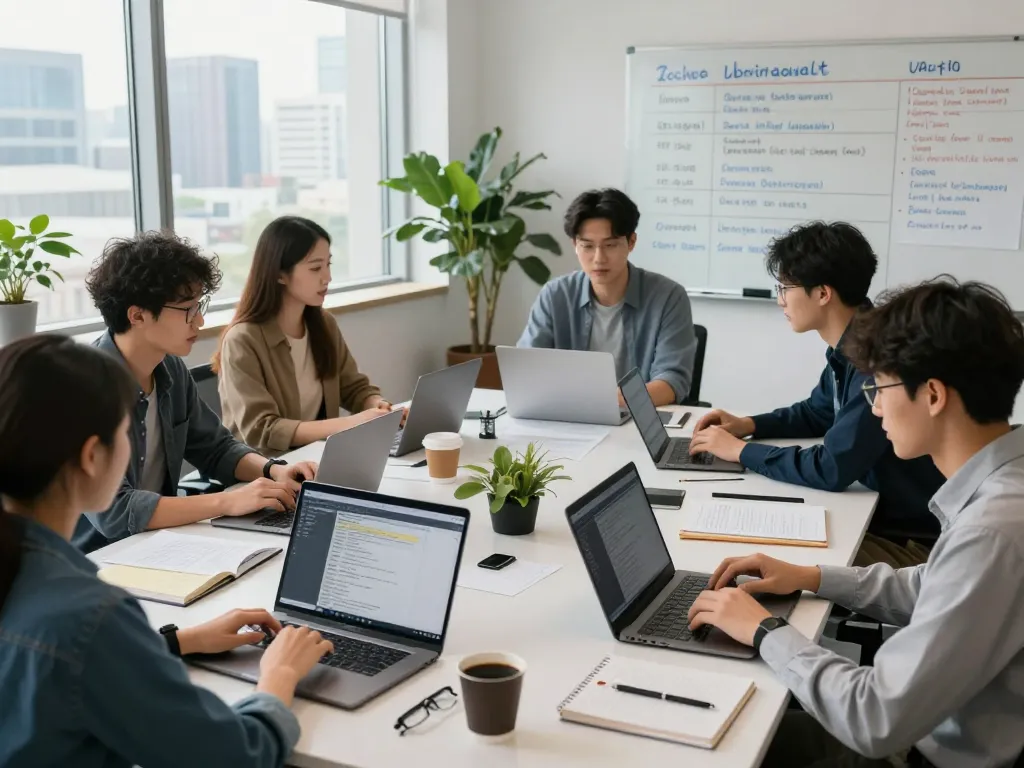 번역 회사에서 함께 작업 중인 다양한 팀이 노트북과 참고 자료를 사용해 번역 프로젝트에 협력하는 협업 사무실 장면.
