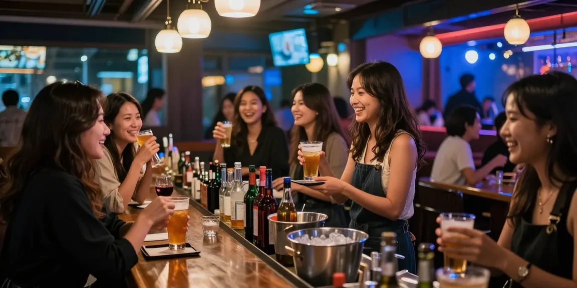 밤알바에서 일하는 여성들이 활기찬 바에서 고객과 소통하는 모습