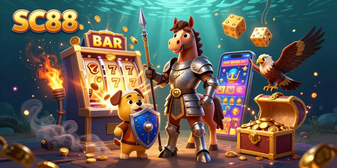 Spin the SC88 jackpot with a 3D knight, squire puppy, and falcon in a colorful casino explosion.