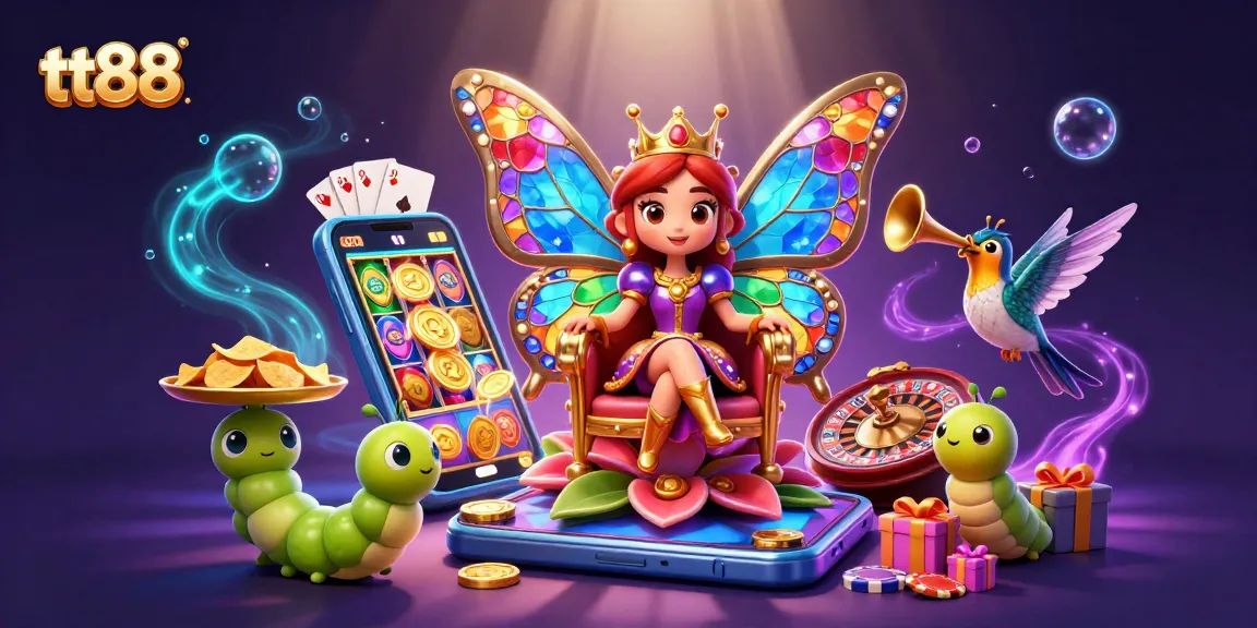 Win big with tt88's vibrant casino scene featuring a butterfly queen, slot games, and glittering chips.