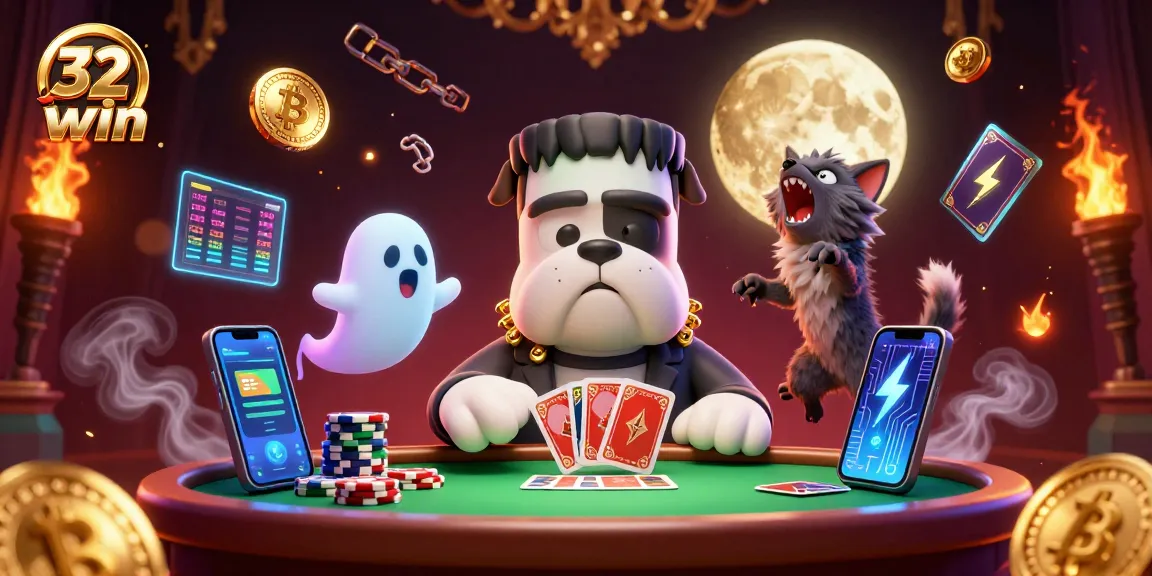Engage with 32win's thrilling crypto casino scene featuring a fun Frankenstein bulldog dealing cards.