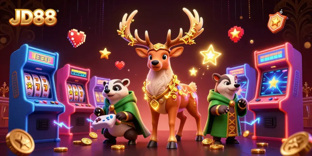 Engage with JD88's vibrant casino scene featuring a druid stag and gaming elements.