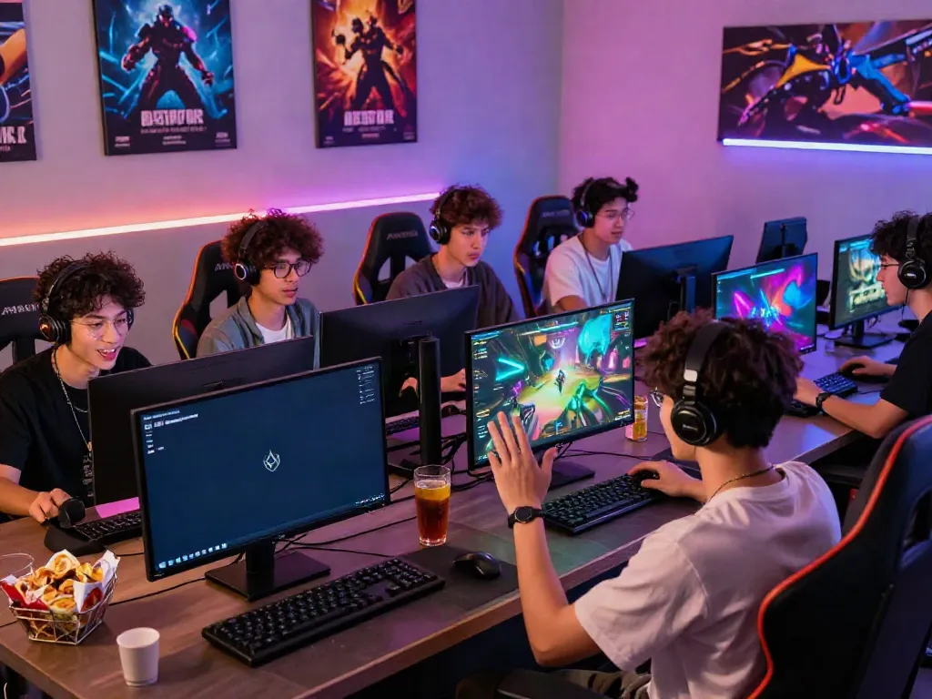 A80 online gaming platform scene with excited players engaged in various games in a modern setting.