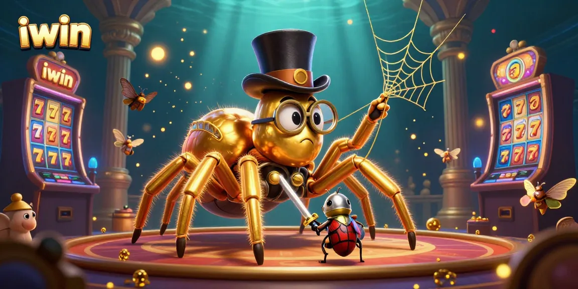 Spin the reels with iwin's vibrant casino scene featuring a golden tarantula and thrilling slot machines.