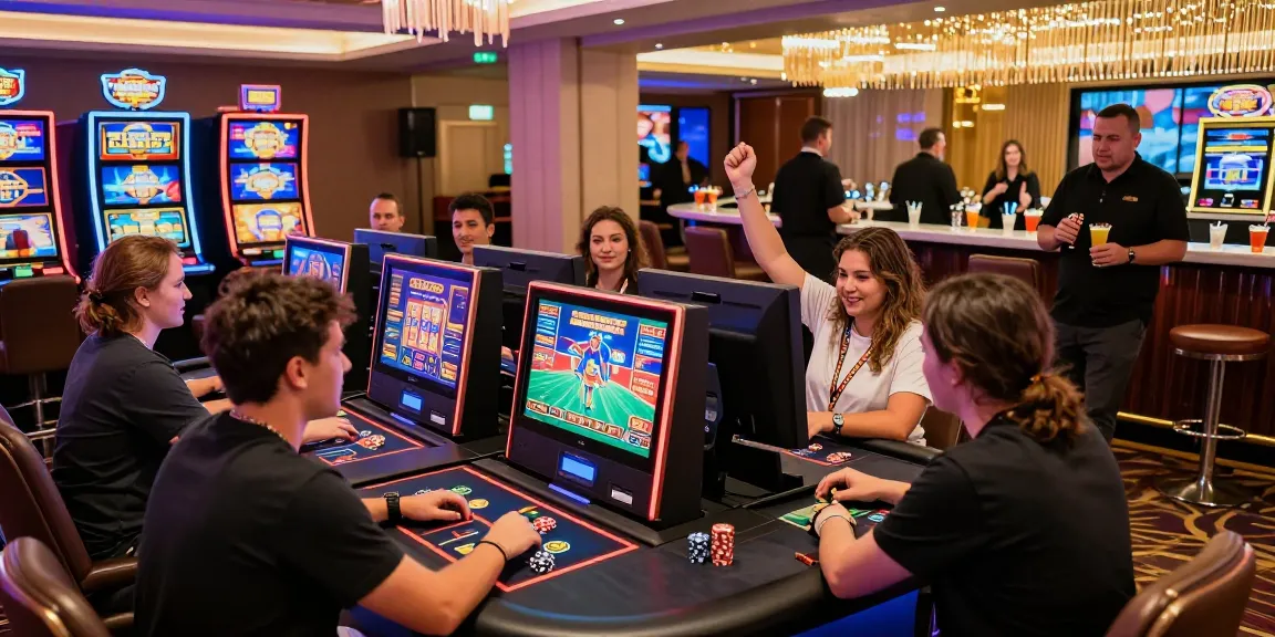 Players enjoying dynamic games at non UK casinos in a vibrant casino interior.