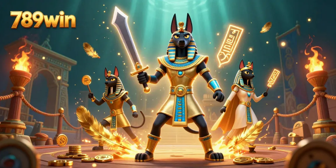 Experience the thrilling 789win casino action with Anubis and Bastet amidst vibrant gaming elements.