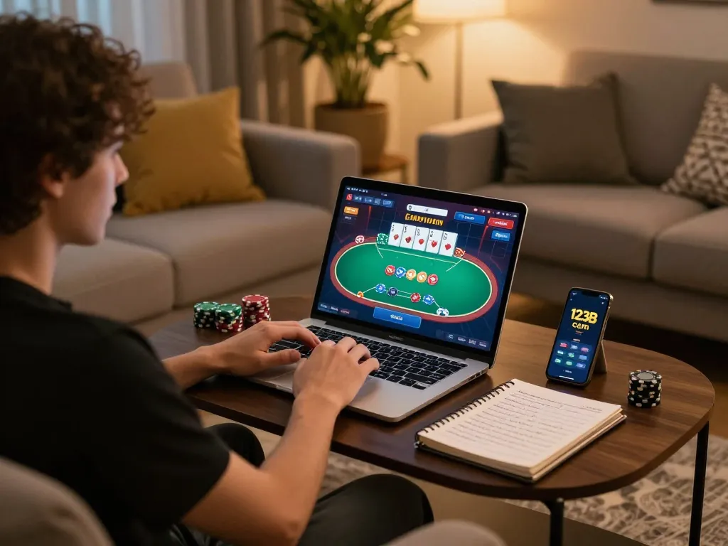 Engaged player using 123B com for poker on a laptop, with betting notes and smartphone nearby.