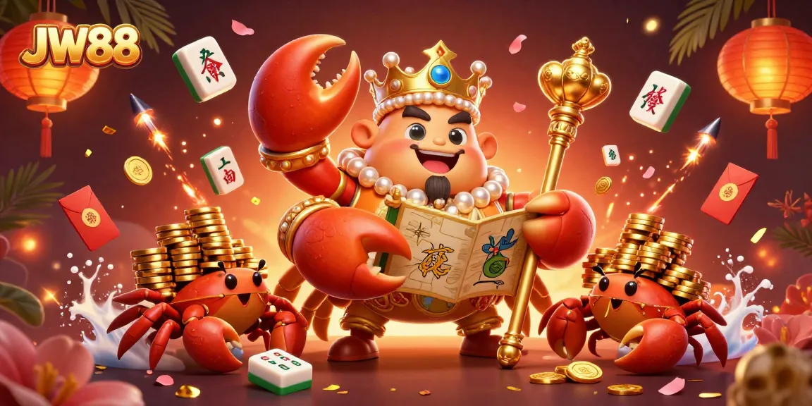 Experience the thrill at JW88 with a vibrant illustration of a golden crab emperor in a dynamic casino setting.