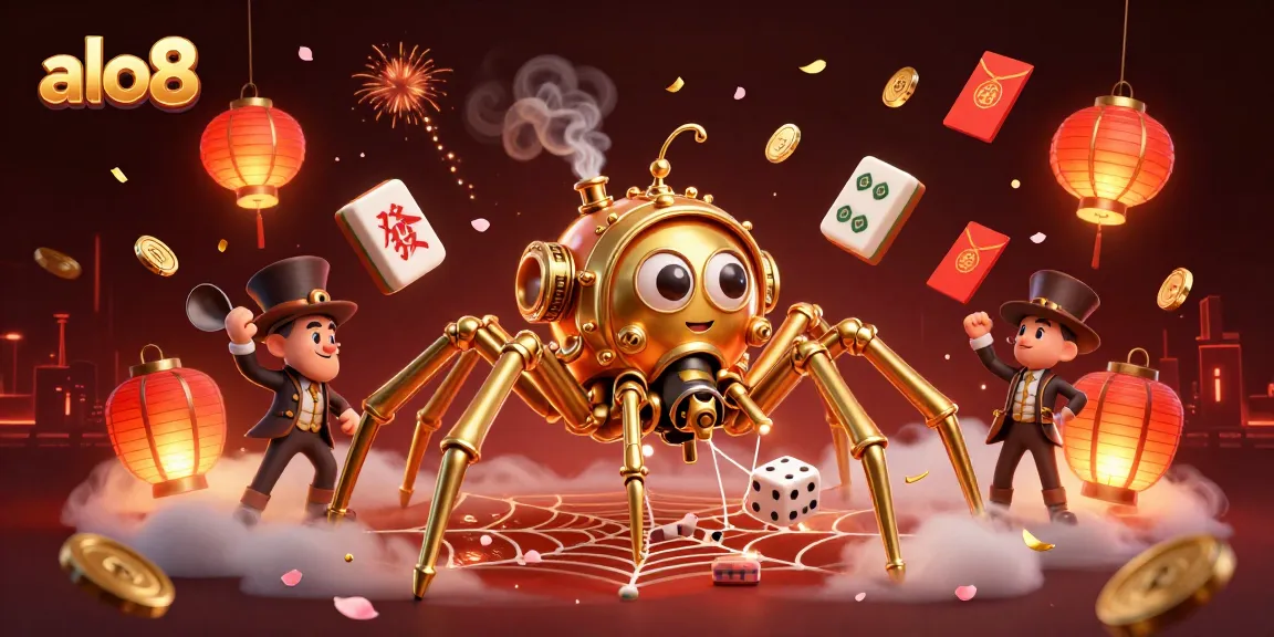 Engage with the exciting world of alo8 as a steampunk spider weaves golden chains in this dynamic casino illustration.