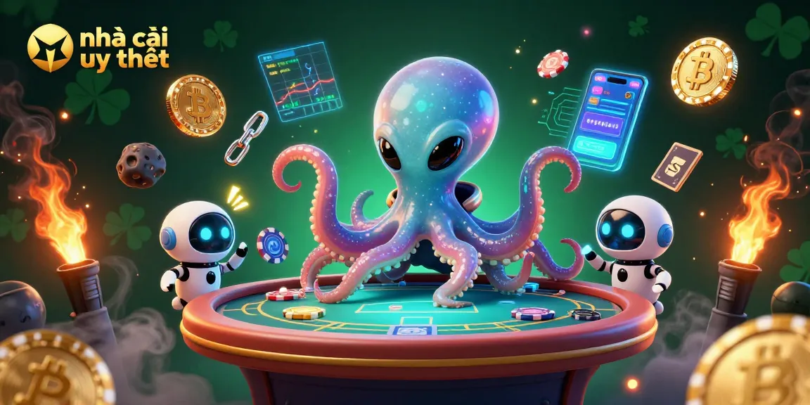 Participate in exciting games at nhà cái uy tín with cryptocurrencies, vibrant characters and detailed casino elements.