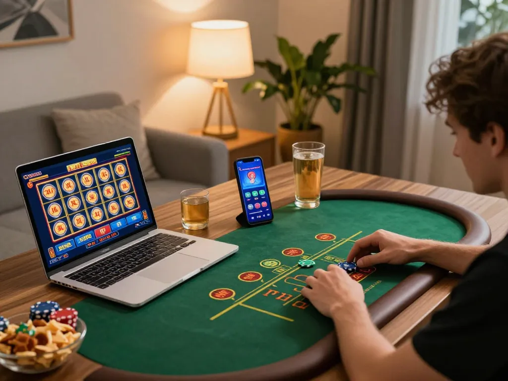 Players engaging with F168 online casino games on devices in a cozy home environment.