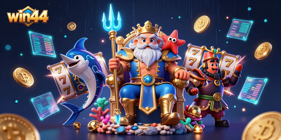 Win44 offers exciting slot games and jackpots, illustrated with Neptune and vibrant casino elements.