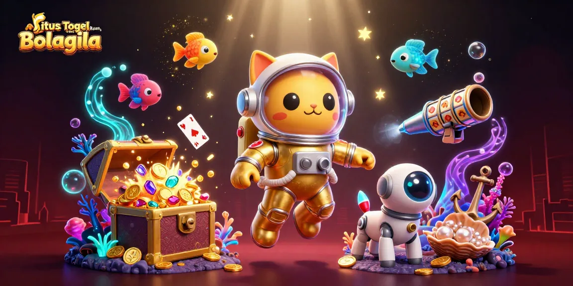 Situs Togel Resmi Bolagila dengan ilustrasi menarik dan elemen kasino yang dinamis, termasuk peti harta karun dan simbol slot.