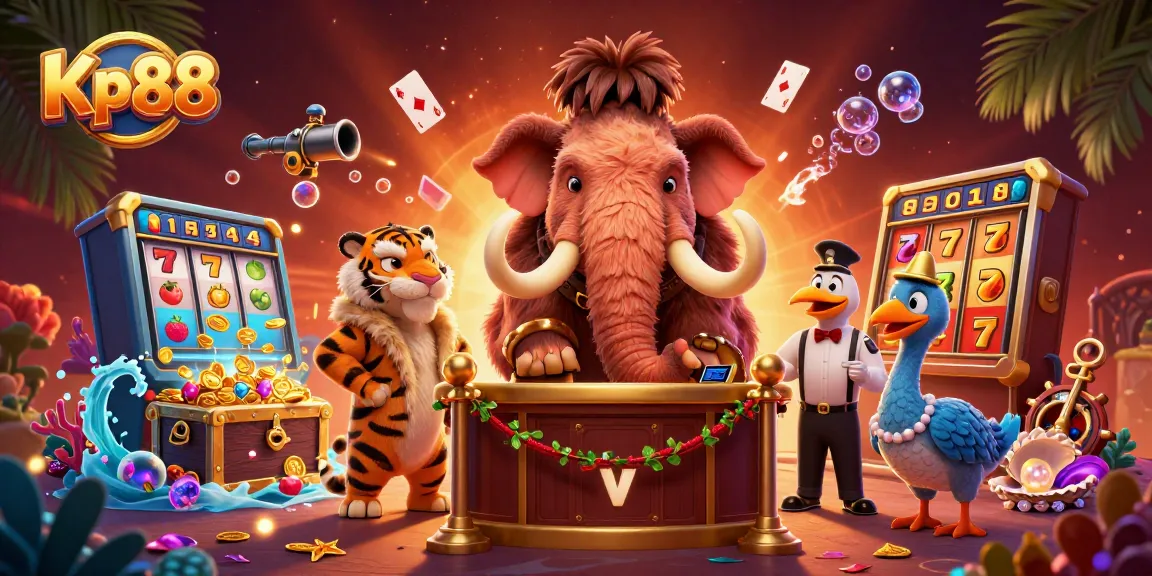 Kp88 invites players to engage with vibrant casino elements through an animated illustration.